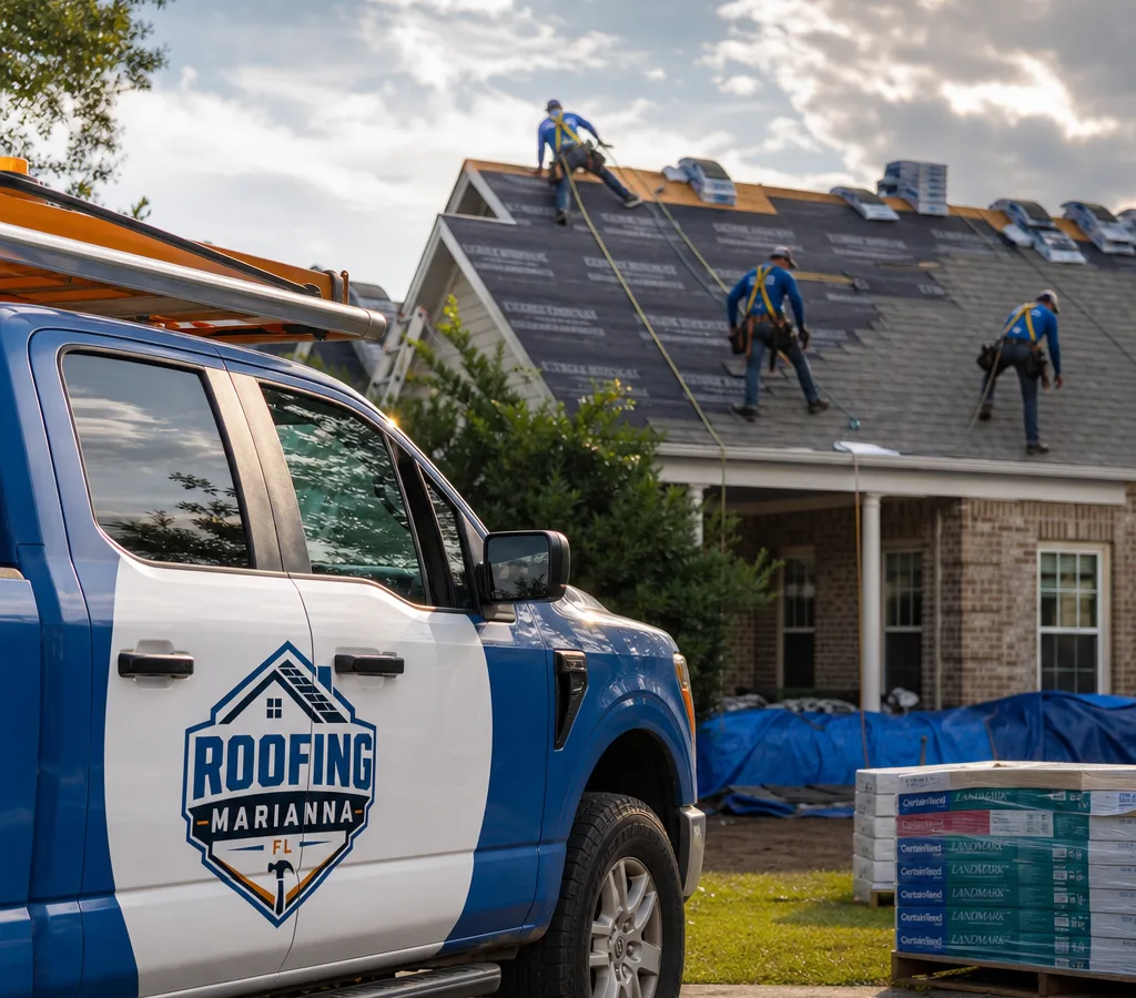 Roofing crew installing architectural shingles on a Marianna residential home