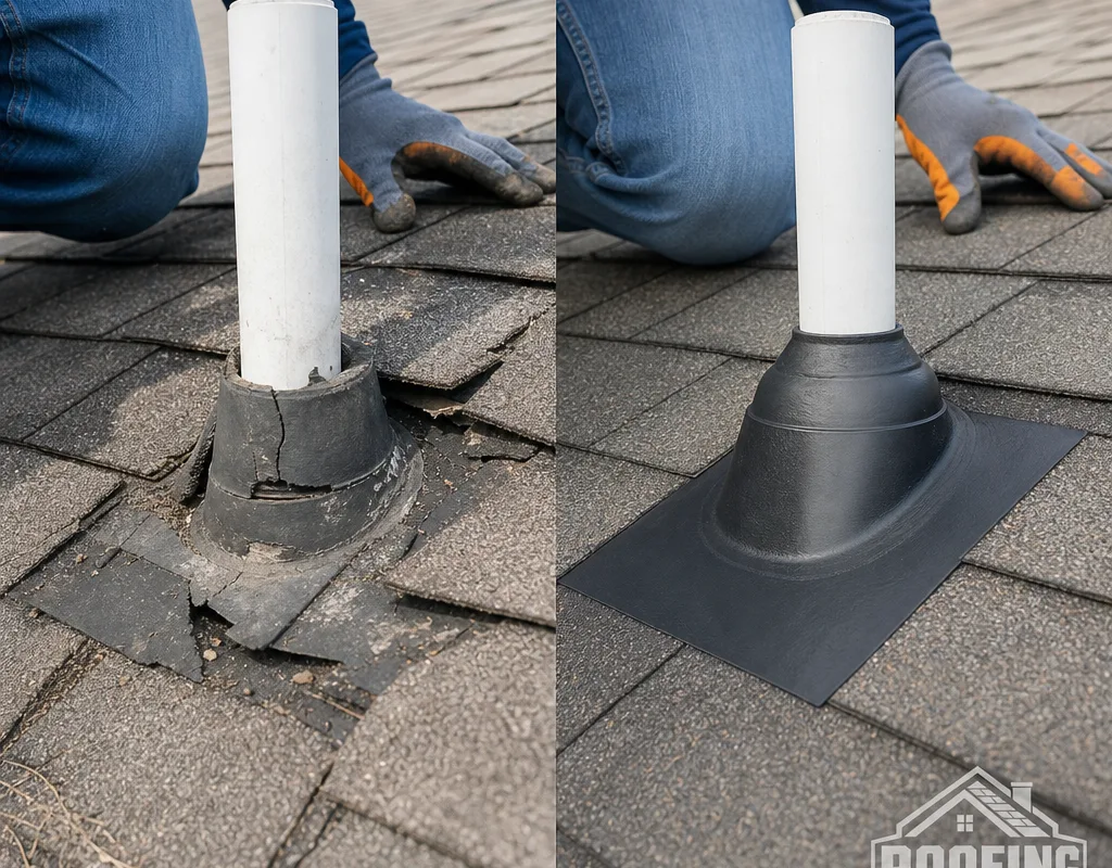 Before and after repair of a cracked plumbing vent boot and surrounding lifted shingles