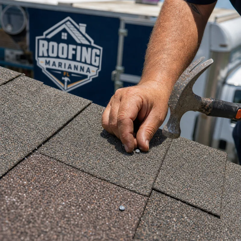 Close view of a neatly aligned repaired shingle field with proper overlaps and fastening
