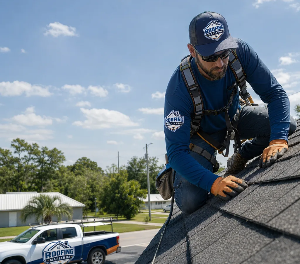 Technician inspecting shingles and flashing on a Marianna residential roof while wearing a safety harness