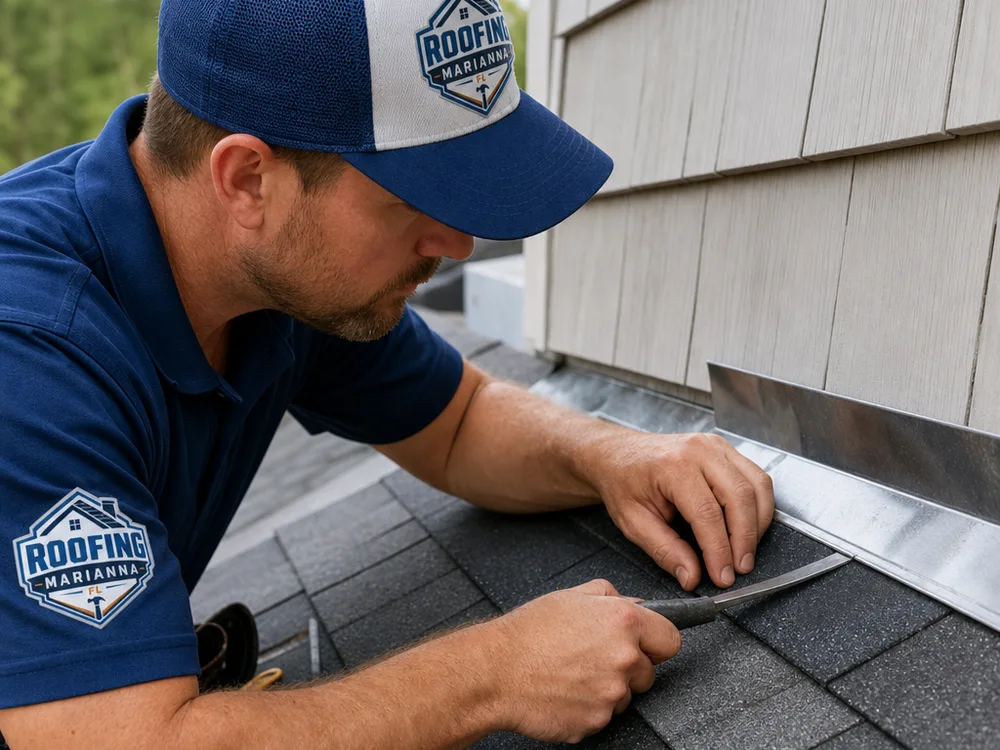 New shingles and step flashing installed neatly along a roof sidewall transition