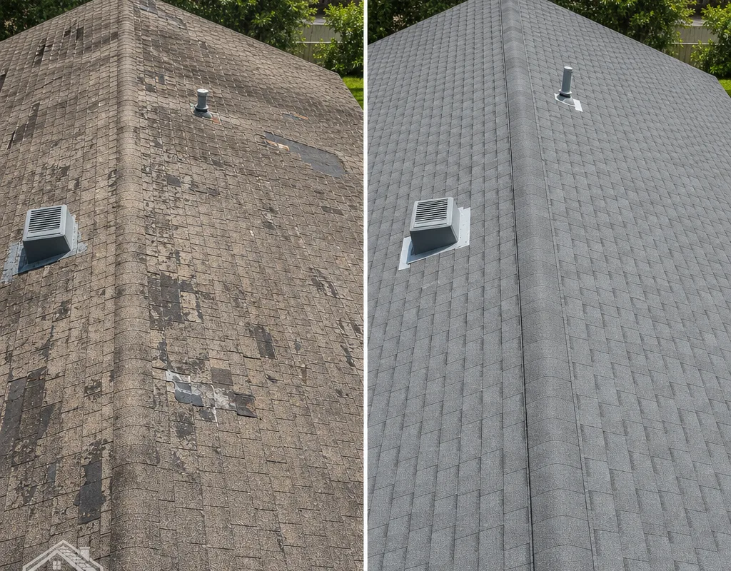 Before and after roofline replacement showing worn shingles followed by new shingles, corrected edges, and a clean ridge line
