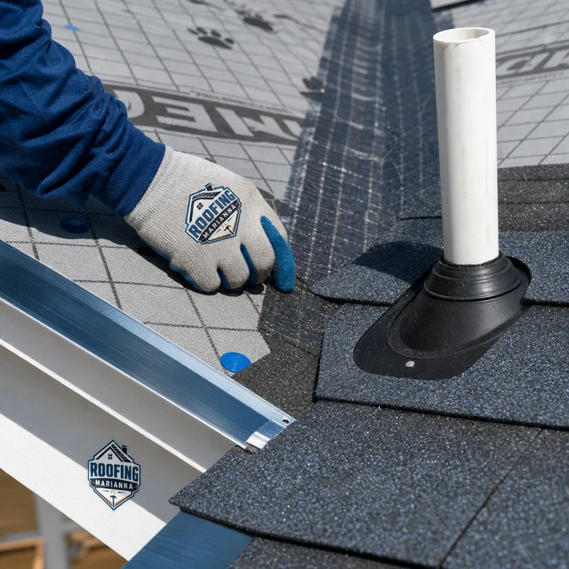 New roof underlayment, drip edge, and valley flashing being installed before shingles are laid on a Marianna-area home