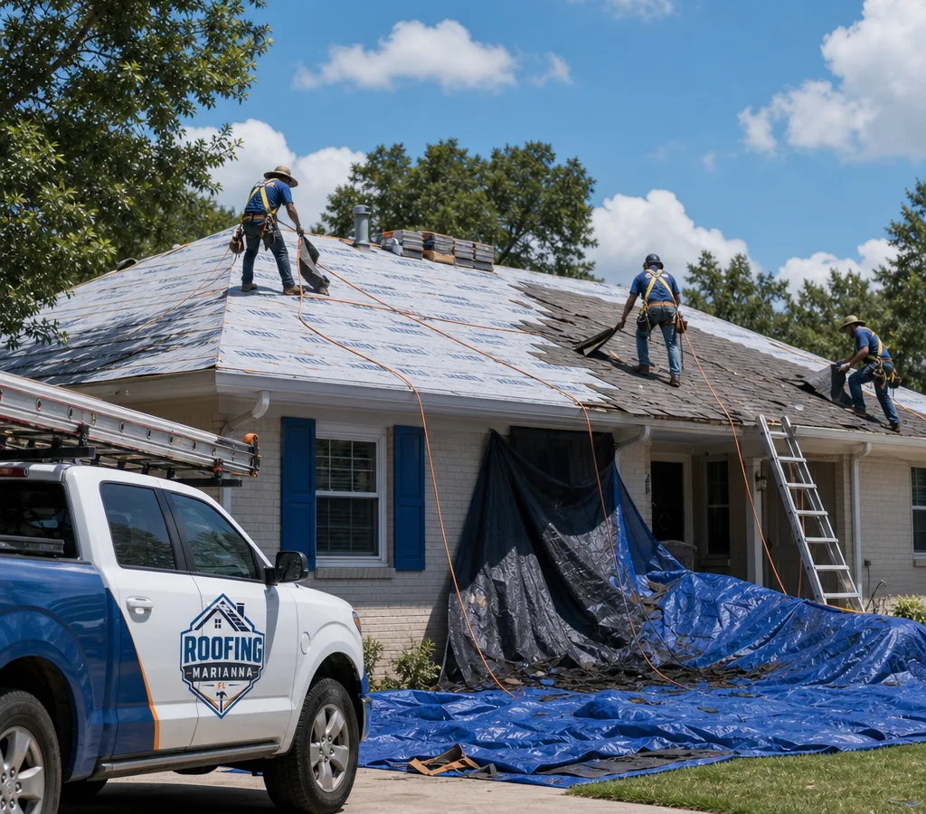Residential roofing crew removing old shingles and staging new materials while tarps protect landscaping on a Marianna home