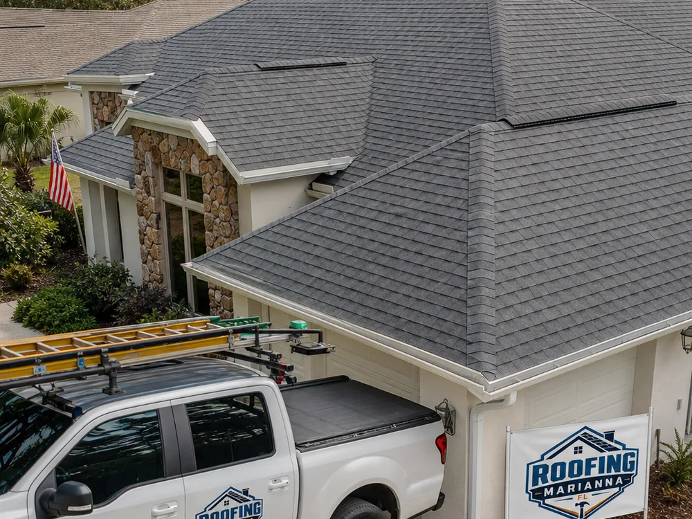 Roofing crew performing a magnetic nail sweep and final debris cleanup around a driveway and lawn after replacement