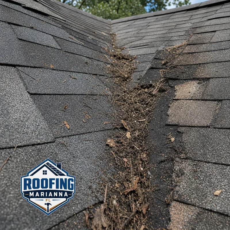 Roof valley with debris buildup and a visible shingle wear track