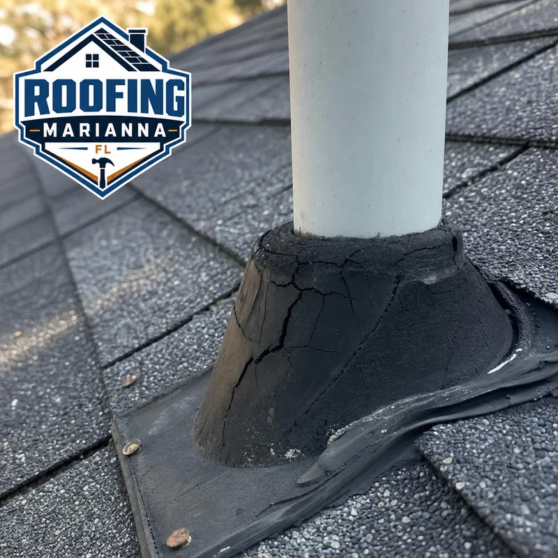 Cracked and aged pipe boot flashing on an asphalt shingle roof