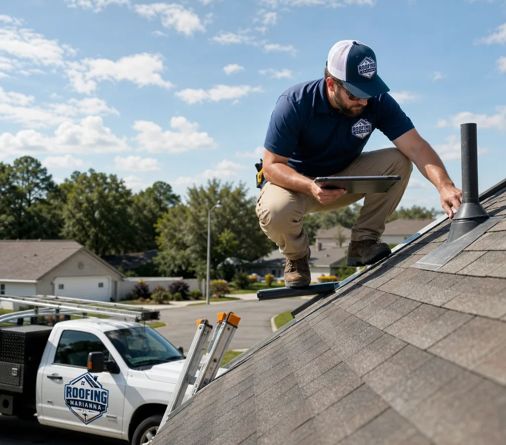 Inspector checking shingles and flashing on a residential roof in Marianna, Florida