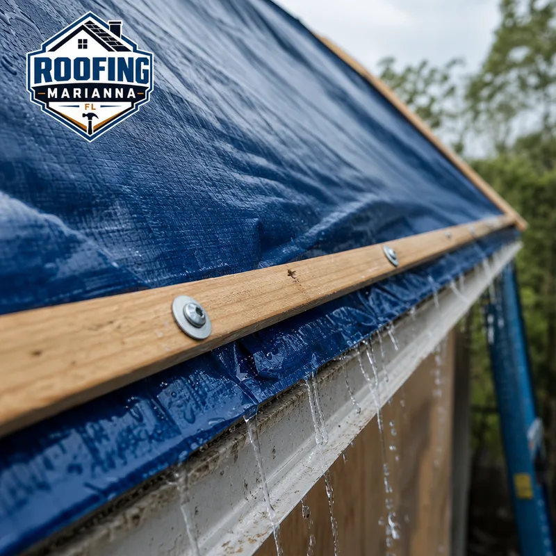 Properly installed emergency roof tarp secured at the eave with batten boards so rainwater sheds without loose edges