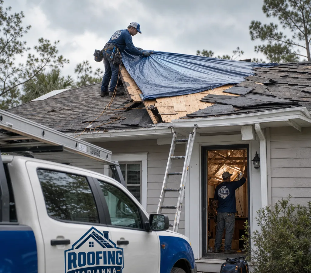 Roofing technician securing an emergency tarp on a storm-damaged Marianna roof while another technician checks for active attic leaks