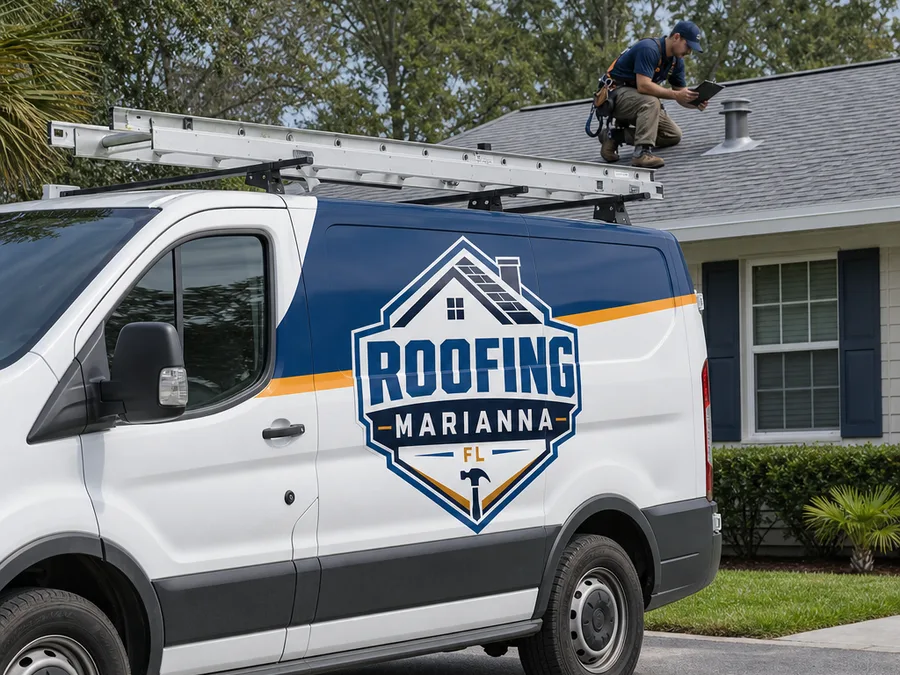 Roof technician inspecting flashing and a vent penetration