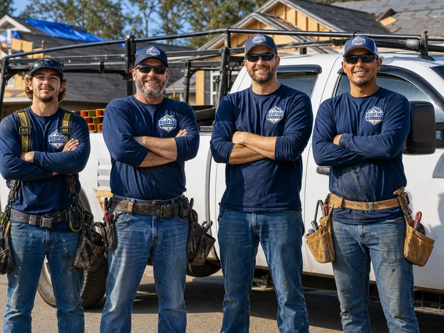 Marianna roofing team beside a work truck with safety gear